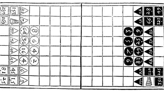 Drawing of Rithmomachia board and pieces